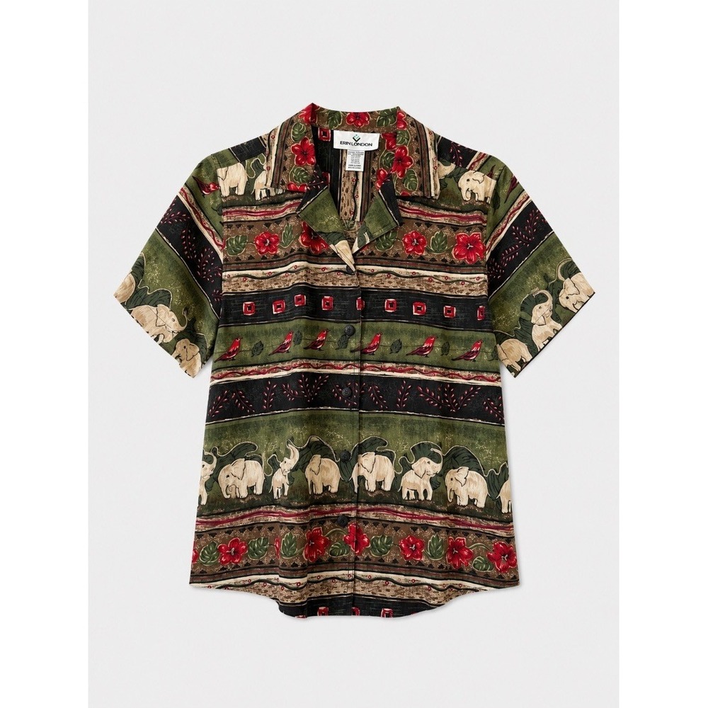 Erin London Womens Blouse Shirt Green Elephant Print Silk Linen Small - Picture 1 of 13